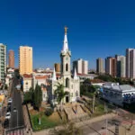 City of Uberaba, Minas Gerais, Brazil. Aerial view of the Sacred Heart of Jesus Cathedral. July, 5 2020.