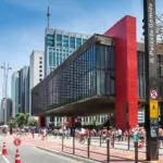 A typical Sunday on Paulista Avenue with MASP, Sao Paulo Museum of Art in the background, Brazil.